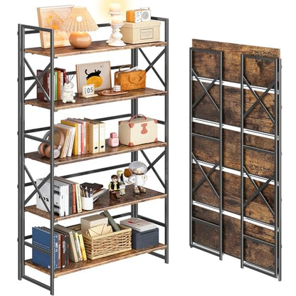 4NM Extra Wide 5 Tiers No Assembly Book Shelves, 51.2" H Folding Bookshelf Bookcase Open Industrial Foldable Shelves for Bedroom, Living Room, Home Office - Rustic Brown Black - color: Rustic Brown Black, size: Wide XX 5-Tier