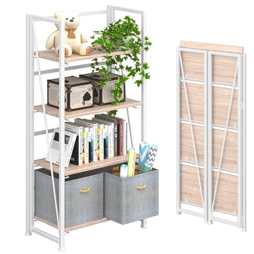 4NM No Assembly Folding Bookshelf Storage Shelves 4 Tiers Vintage Bookcase Standing Racks Study Organizer Home Office (Natural White) - color: Natural White, size: Standard 4 Tiers