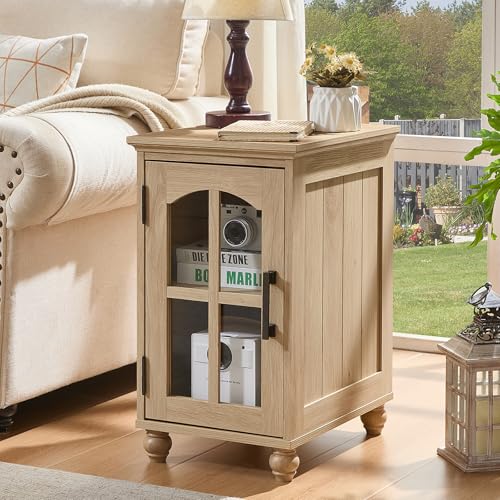 RWYHG Narrow Side Table, Farmhouse Nightstand with Charging Station | End Tables with Glass Barn Door, Cabinet Organizer with Adjustable Shelf, Night Stand for Small Spaces Living Room Bedroom - color: Natural Wood, size: Set 1