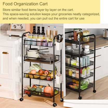 Rolling Pantry Storage Cart with Fruit Basket, 5-Tier Kitchen Storage Rolling Cart on Wheels, Large Utility Cart with Handle & Mesh Baskets for Kitchen, Bathroom, Laundry Room,Black - color: Black 5 Tire