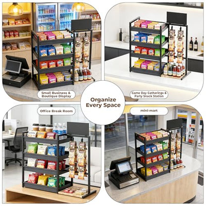 4-Tier Snack Organizer with 20 Clips, Snack Rack with Message Board | Modern Industrial Snack Cart for Kitchen Office Store Party Countertop, Matte Black Metal & Oxford Fabric Snack Storage
