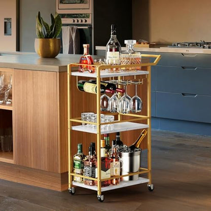 3 Tier Bar Cart Mini Liquor Utility Cart for Wine Beverage Dinner Party | Rolling Wine Coffee Drink Serving Cart with Lockable Wheels for Home Kitchen Bars (Gold) - color: Gold - 11.8"d X 20.8"w X 35.4"h