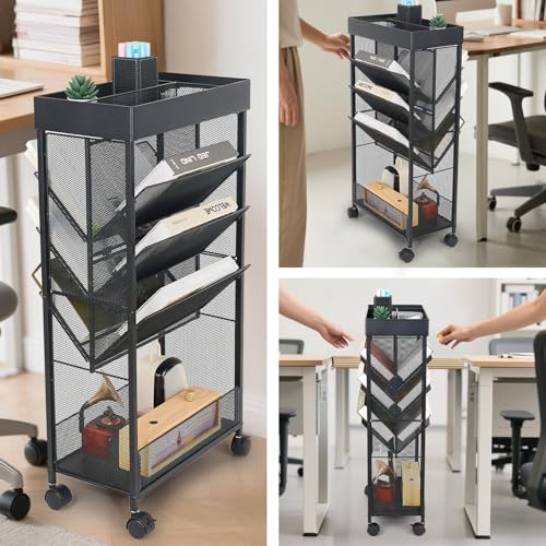 gianotter Book Rack Storage Bookshelf, 5 Tier Book Carts with Wheels, Rolling Cart Organizer for Study Office Kitchen Classroom