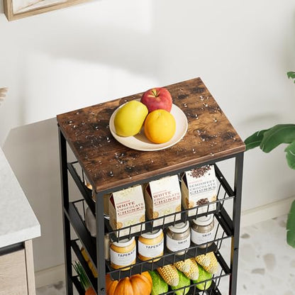 Fruit Vegetable Cart, 4-Tier Snack & Kitchen Cart on Wheels with Storage, Pull-Out Baskets & Wood Top, Rolling Organizer for Pantry, Living Room (Brown) - color: Brown