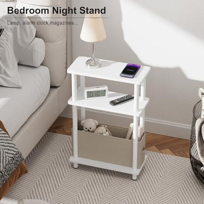 Apicizon Small Narrow Side Table, 3-Tier Skinny End Table with Fabric Basket, Slim Nightstand Bedside Table for Small Spaces, Living Room, Bderoom, White - color: White, style: Narrow Side Table with Basket