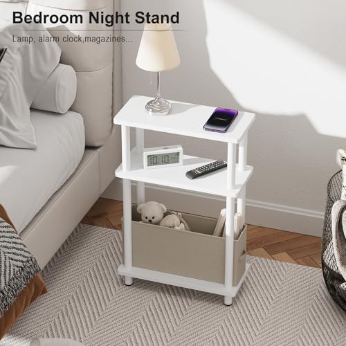Apicizon Small Narrow Side Table, 3-Tier Skinny End Table with Fabric Basket, Slim Nightstand Bedside Table for Small Spaces, Living Room, Bderoom, White - color: White, style: Narrow Side Table with Basket