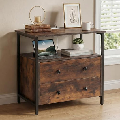 Edbuosy 27 inch Wide Night Stand with Charging Station, Bedside Table with Open Shelf, 2 Drawers Small Wood Dresser, Modern Wood Nightstand for Bedroom/Living Room, Retro Brown - color: Retro Brown, size: 27"W-2 Drawers