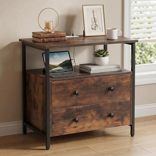 Edbuosy 27 inch Wide Night Stand with Charging Station, Bedside Table with Open Shelf, 2 Drawers Small Wood Dresser, Modern Wood Nightstand for Bedroom/Living Room, Retro Brown - color: Retro Brown, size: 27"W-2 Drawers