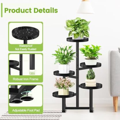 5 Tier Metal Heavy Duty Plant Stand Indoor Outdoor，27In Tall,Black | 7.9In Pot,Save Space,Adjustable Foot Pad,Tiered Corner Plant Holders for Multiple Plants,Patio,Garden,Living Room, Balcony