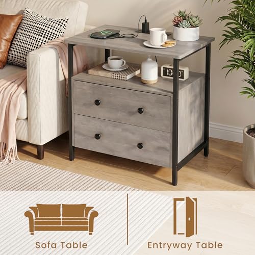 Edbuosy 27 inch Wide Night Stand with Charging Station, Bedside Table with Open Shelf, 2 Drawers Small Wood Dresser, Modern Wood Nightstand for Bedroom/Living Room, Rustic Gray - color: Rustic Gray, size: 27"W-2 Drawers