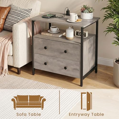 Edbuosy 27 inch Wide Night Stand with Charging Station, Bedside Table with Open Shelf, 2 Drawers Small Wood Dresser, Modern Wood Nightstand for Bedroom/Living Room, Rustic Gray - color: Rustic Gray, size: 27"W-2 Drawers
