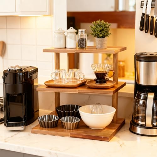 Countertop Coffee Station Organizer, 3 Tier Wooden Shelf for Coffee Bar Accessories, Condiment Storage Caddy for Kitchen, Display Rack for Cupcake Tea Cups Kitchen Office.