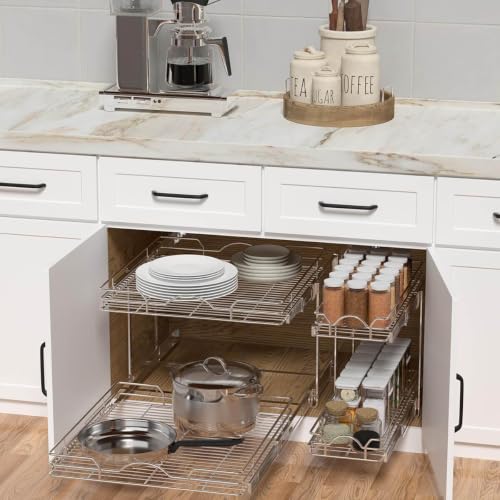OCG 2 Tier Pull Out Cabinet Organizer (12.5" W x 21" D), Pull Out Drawers for Kitchen Cabinets, Pull Out Shelves for Base Cabinet Organization in Kitchen Bathroom Pantry, Chrome Finish - size: 12.5"W x 21"D, 2 Tier