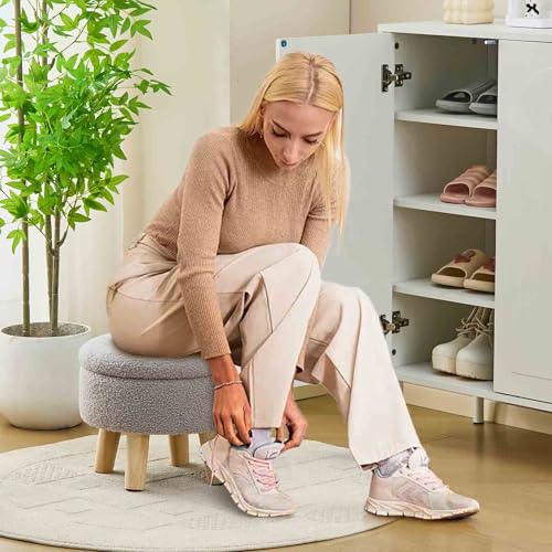Wimarsbon Storage Ottoman, Modern Round Footrest with Soft Padded Seat, Teddy Velvet Footstool with Wood Legs, Accent Small Table or Plant Stand for Hallway, Living Room (Grey) - color: Grey