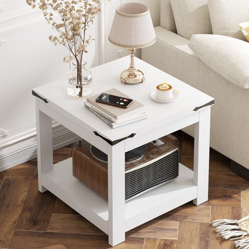 Homieasy End Table, 20x20 Inch Square Side Table for Living Room, Large Wood Accent Table with Storage Shelf, Modern Farmhouse Nightstand Bedside Table, White - color: White