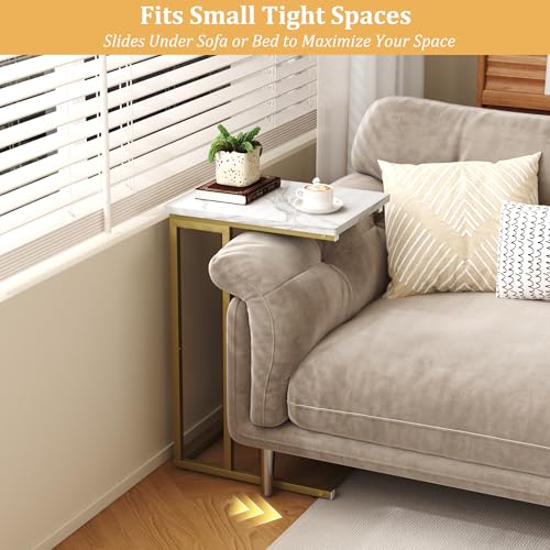 Function Home C Shaped End Table, Small Side Tables for Sofa Bed, Couch Tables that Slide Under, Drink Snack Table for Living Room Bedroom Small Space, White Wood Top and Gold Metal Frame - color: Square Gold