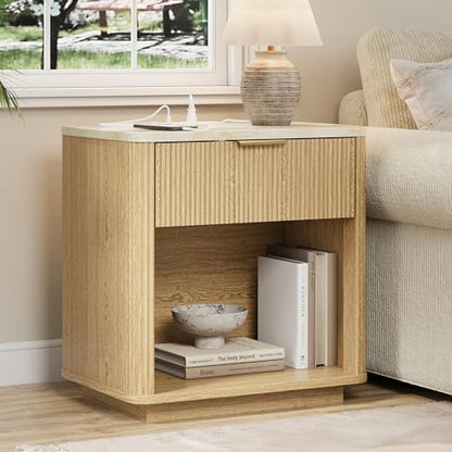 Fluted Nightstand Set of 2, Bedside Table with Faux Marble-Top, Modern Nightstand with Charging Station, Drawers and Open Shelf, Curved Corners, Modern Night Stand for Bedroom, Natural Oak - size: 2 PACK