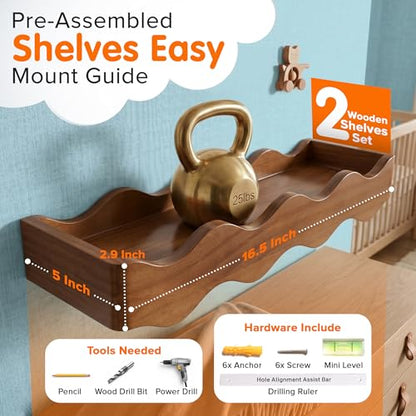 Ovalo Nursery Book Shelves Set of 2 - Solid Pine Wood Nursery Bookshelf, Floating Nursery Shelves for Wall, Wall Bookshelf for Kids Room, No-Assembly Wall Mounted Baby Book Shelf. (Walnut Brown) - color: Walnut Brown