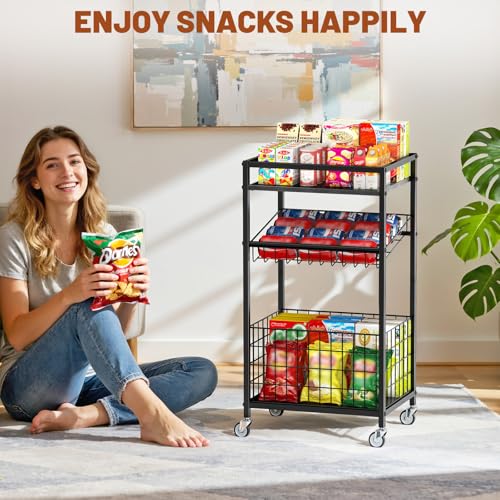 Fruit Vegetable Cart, 3-Tier Snack Cart on Wheels & Wood Top, Black | Vegetable Rack For Kitchen, Kitchen Cart Organizer for Fruit, Vegetables, Potato, Snack - color: Black, style: 3-Tier