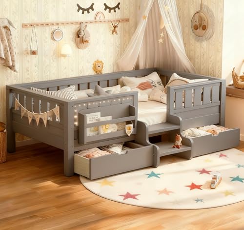 Bellemave Low Platform Bed Twin Size with Built-in Bookshelves and 2 Drawers for Kids, Montessori Bed with Staircase and Guardrails, for Children, Pine Wood, No Box Spring Needed (Twin,Gray,Drawers) - color: Grey, size: Twin-Drawers