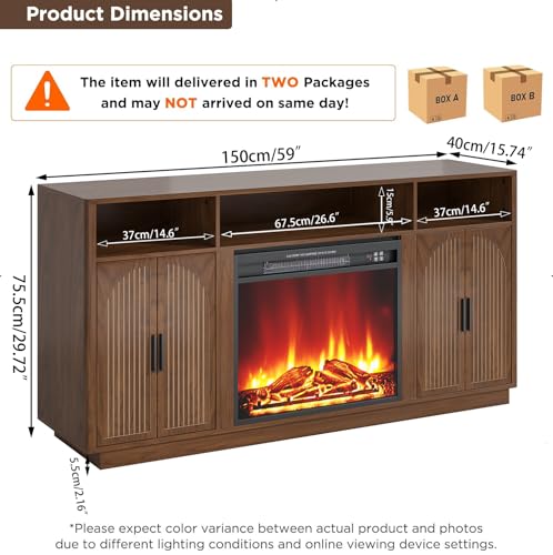 59 Inch Fireplace TV Stand with 23'' Electric Fireplace, Mid Century Modern Fluted Entertainment Center for TVs up to 65", TV Console with Storage for Living Room, Bedroom (Walnut,With Fireplace) - size: With Fireplace