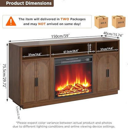 59 Inch Fireplace TV Stand with 23'' Electric Fireplace, Mid Century Modern Fluted Entertainment Center for TVs up to 65", TV Console with Storage for Living Room, Bedroom (Walnut,With Fireplace) - size: With Fireplace