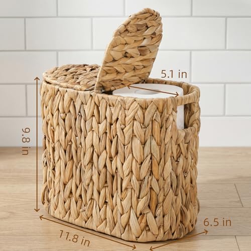 Toilet Paper Basket with Lid, Water Hyacinth 4 Rolls Toilet Paper Storage Basket, Narrow Slim Medium Paper Organizer for Bathroom