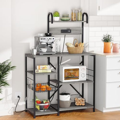 Shintenchi Kitchen Bakers Rack with Power Outlet, Multifunctional Organizer & Storage with 6 Hooks, Microwave Oven Stand, and Coffee Station Shelf, Grey - color: Gray