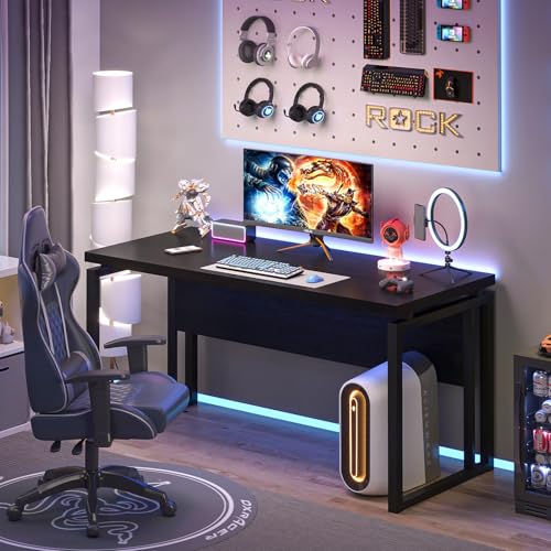 EXCEFUR Black Desk for Home Office, Modern Computer Desk, Wood and Metal Writing Study Table for Workstations, Living Room, Bedroom, 53 Inch - color: Black