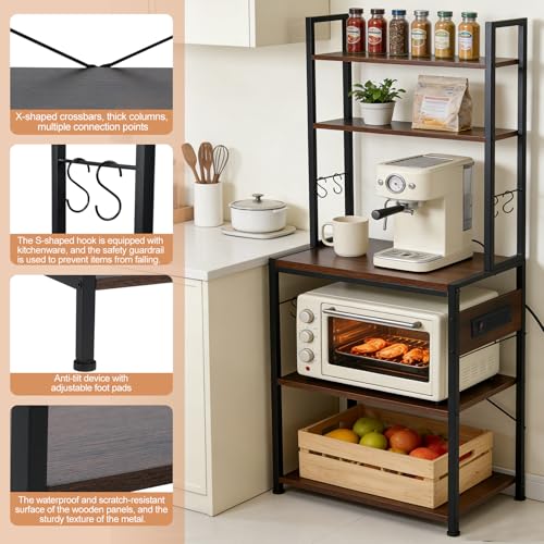 Cheersstar Bakers Rack with Power Outlet - Microwave Oven Stand 5 Tiers, Kitchen Storage Shelf Rack with 6 S-Shaped Hooks, Coffee Bar Cabinet for Kitchen, Entryway, Living Room, Rustic Brown