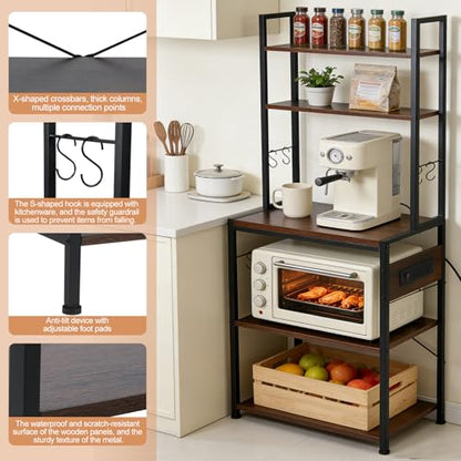 Cheersstar Bakers Rack with Power Outlet - Microwave Oven Stand 5 Tiers, Kitchen Storage Shelf Rack with 6 S-Shaped Hooks, Coffee Bar Cabinet for Kitchen, Entryway, Living Room, Rustic Brown