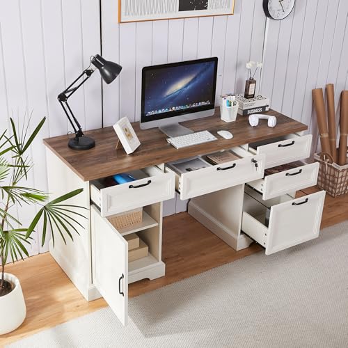 60" Farmhouse Executive Desk with Lock,Home Office Desk with Charging Station,Executive Desk with 4 Drawers & 1 Cabinet&1 File Cabinet for Office and Home - color: White
