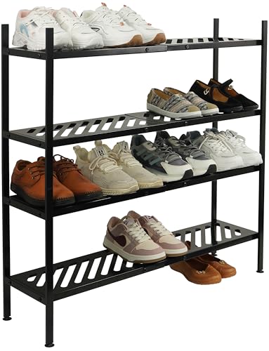 Shoe Rack, 4-Tier FreeStanding Shoe Shelf Stand, Stackable Shoe Storage Organizer for Closet, Holds up to 20-24 Pairs of Shoes for Entryway, Garage, Front Door Entrance, Metal, Black - size: 4 Tier