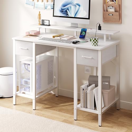 Furnify 42 Inch Computer Desk with Fabric Drawers & USB Power Outlet, White | Built-In USB Charging Station, Study Writing Table with Monitor Stand, Multifunctional Workstation for Bedroom Studyroom - color: White