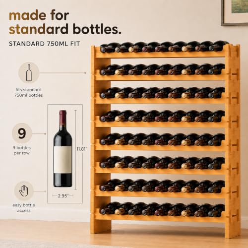 NutriChef 72 Bottle Wine Rack Stackable Bamboo Freestanding, 8-Tier Modular Shelf, Sturdy Wobble Free, Upgraded 2026 Design, Easy No-Tool Assembly for Kitchen, Cellar or Bar Storage 33.5" x 10" x 41" - size: 72 Bottle