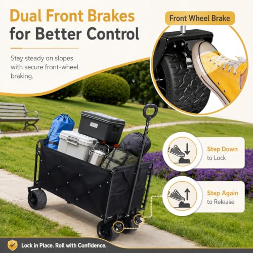 Wagons Carts Foldable Heavy Duty, 600 lb Tank Wheel Wagon with Brakes | Tank wheel utility wagon for groceries, beach, camping, garden and moving; 220L storage, all-terrain wheels and dual brakes - color: Light Black