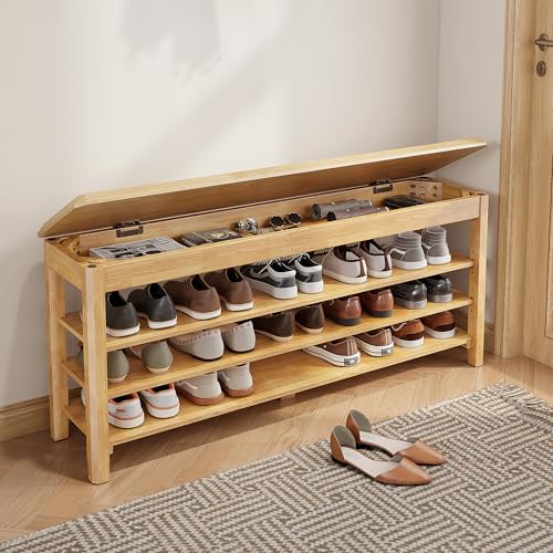 IUNVR Shoe Rack Bench Seat Rubberwood 3-Tier Wooden Storage Bench 550lbs Compact Mid-Century Modern Design for Entryway, Hallway, Closet, Front Door Entrance, Foyer - color: Natural-3 Tier(wood), size: 47.2"W x 11.8"D x 20.5"H