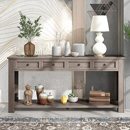 LKTART Solid Pine Console Table with Drawers,Long Sofa Table Entryway Table | 63" Entryway Table with Drawers & Open Shelf,Farmhouse Console Table，Entry Table for Hallway,Foyer or Behind Sofa,Gray Wash - color: Gray Wash