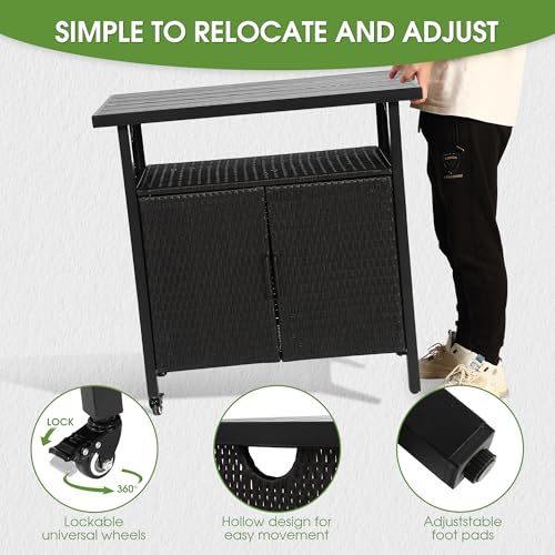 HOMEFUN Outdoor Bar Table Featuring Storage Cabinet: Wheeled Patio Serving Carts, Wicker Grill Cart Prep Station & Rolling Kitchen Island for Patio, Backyard and Outside Use, in Black - color: 03-black