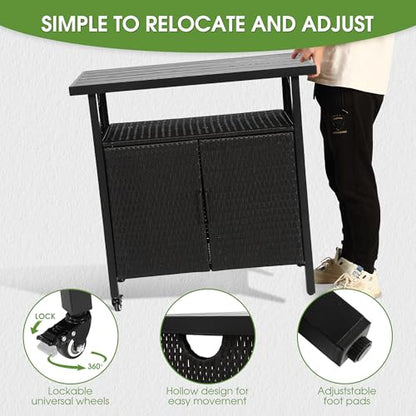 HOMEFUN Outdoor Bar Table Featuring Storage Cabinet: Wheeled Patio Serving Carts, Wicker Grill Cart Prep Station & Rolling Kitchen Island for Patio, Backyard and Outside Use, in Black - color: 03-black