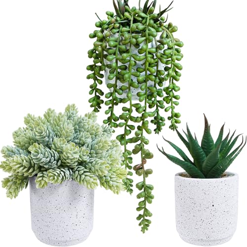 Winlyn Set of 3 Artificial Potted Succulent Plants in White Cement Planters Faux Aloe Hops String of Pearls Plants Small House Plants for Indoor Home Garden Office Desk Tabletop Shelf Decorations - color: White