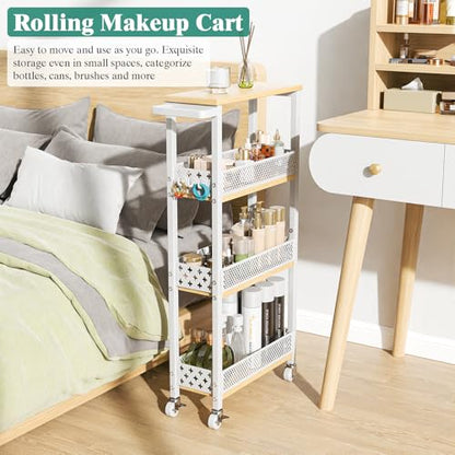 4-Tier Slim Rolling Storage Cart for Kitchen Bathroom Organizer, Mobile Narrow Storage Cabinet Utility Cart with Wood Rack on Wheels for Pantry Laundry Small Space, White - size: White/Net Bar