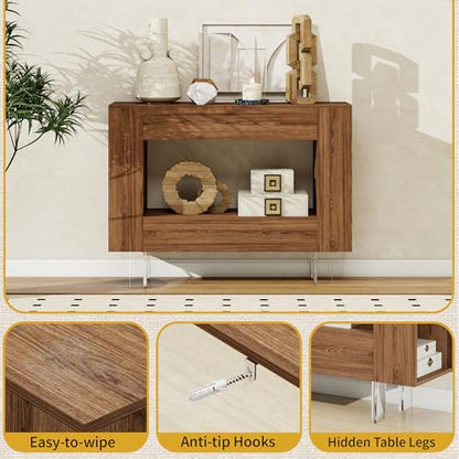Console Table with Hidden Storage & Adjustable Shelves, Brown Wood Grain | Farmhouse sofa table for behind couch, living room, or hallway, entryway table with concealed cabinets & adjustable shelves - color: S-brown