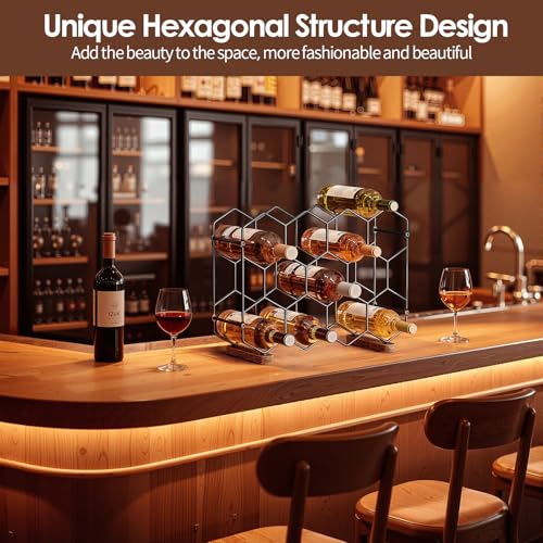 Nuovoware Countertop Wine Rack, 14-Bottle Freestanding Modern Carbon Steel Holder Hexagonal Structure, 3 Tier Tabletop Wine Bottle Organizer Storage for Cabinet, Pantry, Black+Retro Brown