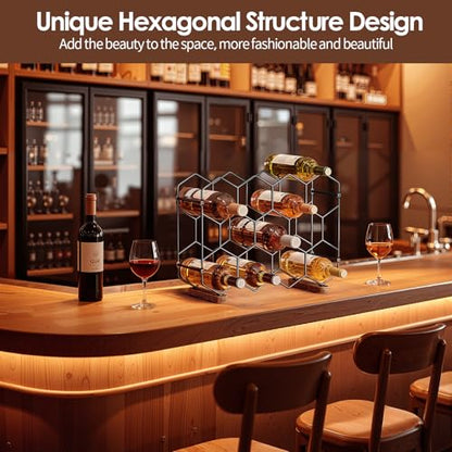 Nuovoware Countertop Wine Rack, 14-Bottle Freestanding Modern Carbon Steel Holder Hexagonal Structure, 3 Tier Tabletop Wine Bottle Organizer Storage for Cabinet, Pantry, Black+Retro Brown