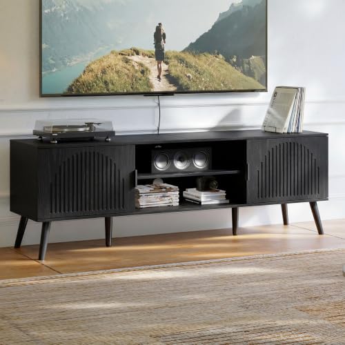 ChooChoo TV Stand for Living Room, Mid Century Modern TV Stand for 65 Inch TVs, Entertainment Center with Storage Cabinet and Open Shelves, TV Console Table Media Cabinet for Bedroom, Black - color: Black, size: 15.7"D x 59.1"W x 19.4"H