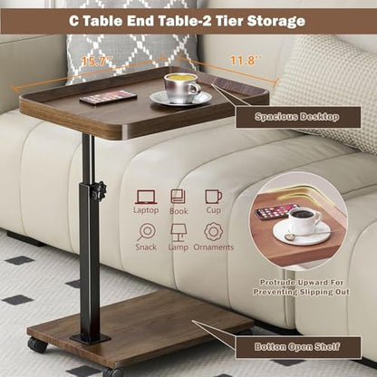 Modern C Shaped Tables Adjustable Height, 360° Swivel Bed End Tables with Wheels, Small Side Table for Couch Living Room (Walnut Color) - color: Walnut