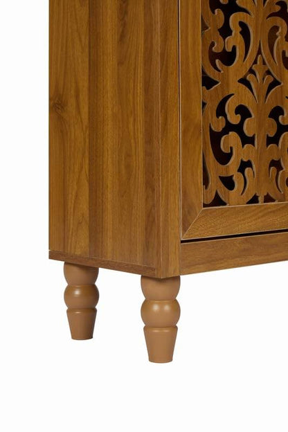 66.9" Tall Arched Display Cabinet with Hand-Carved Door and Shelves, 5-Tier Bookshelf Modern Farmhouse Arched Bookcase, Wooden Open Floor Arched Book Shelf for Living Room, Office, Walnut Finish - color: Walnut 66.9"