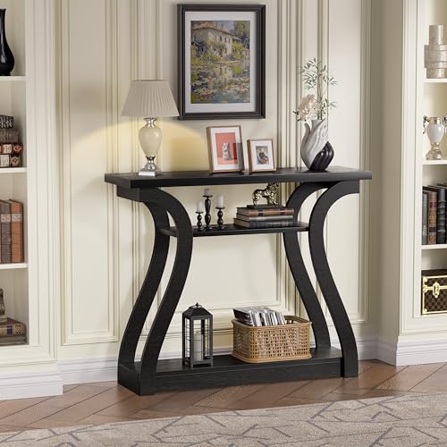 47" Wood Console Table for Entryway, Narrow Sofa Table with 3-Tier Shelves | Curved Legs Farmhouse Hallway Table, Skinny Console Table Behind Couch, Rustic Wooden Entry Table for Living Room (Black) - color: Black