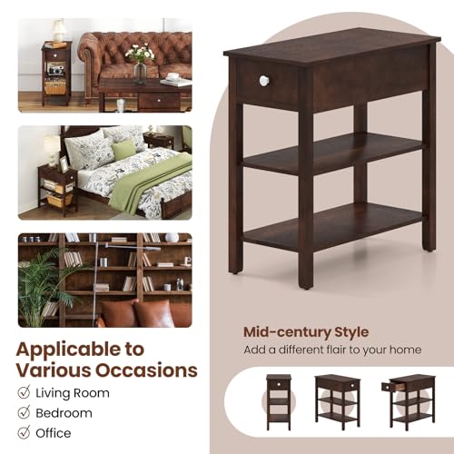 Giantex Narrow End Table Set of 2, Farmhouse Side Tables with Drawer & Storage Shelves, Wood Sofa Side Tables, 3-Tier Nightstands for Small Space, Living Room, Bedroom, 23.5"L x 12"W x 24.5"H, Walnut - color: Walnut